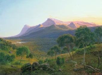 Aboriginals bij een Vuur voor Mount William gezien vanaf Mount Dryden in de Grampians, Victoria, 1892